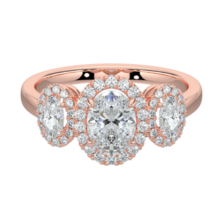 Three Stone Halo Solitaire Ring-Rose Gold