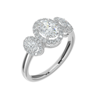 Three Stone Halo Solitaire Ring-White Gold