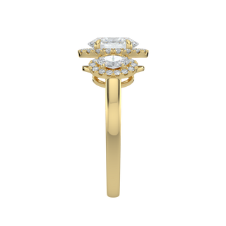 Three Stone Halo Solitaire Ring-Yellow Gold