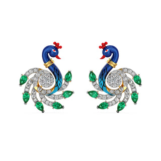 Emerald Crested Peacock Earrings-Yellow Gold