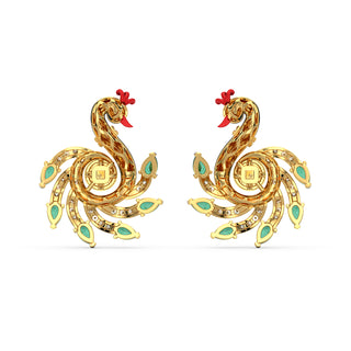 Emerald Crested Peacock Earrings-Yellow Gold