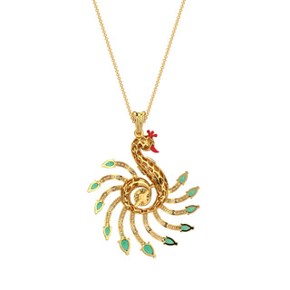Emerald Crested Peacock Pendant-Yellow Gold
