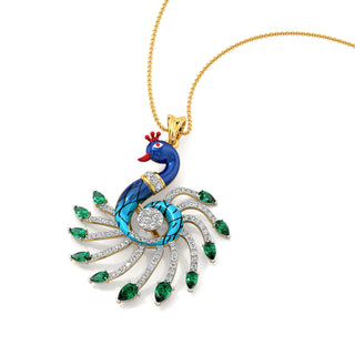 Emerald Crested Peacock Pendant-Yellow Gold