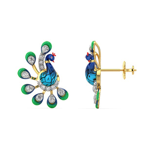 Turquoise Tail Peacock Earrings-Yellow Gold