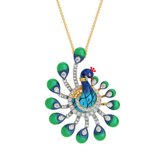 Turquoise Tail Peacock Pendant-Yellow Gold