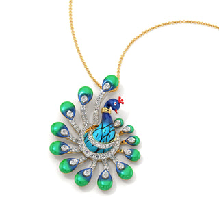 Turquoise Tail Peacock Pendant-Yellow Gold