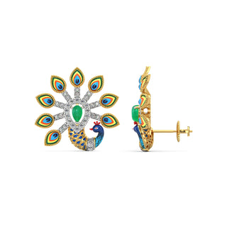 Rainbow Feather Peacock Earrings-Yellow Gold